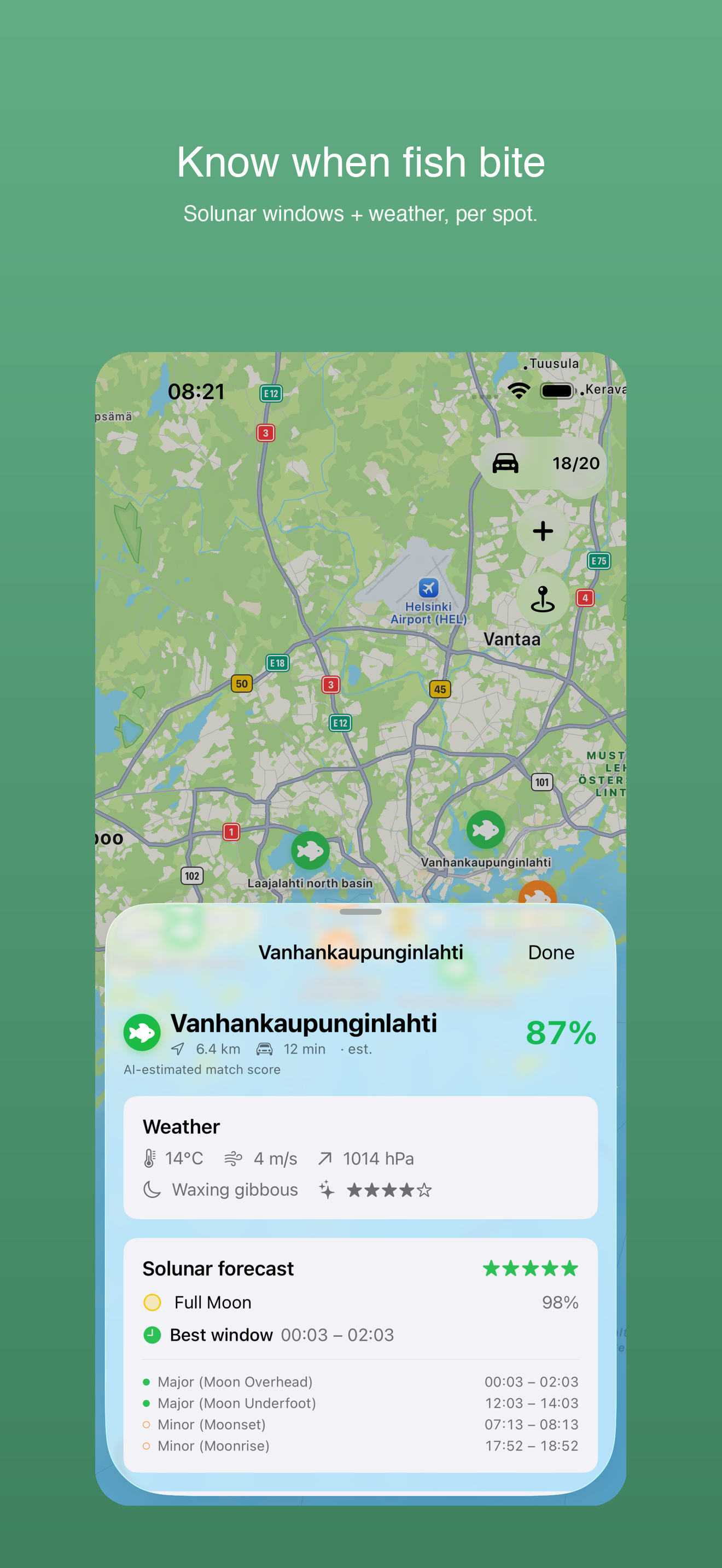 Spot detail showing 87% match, weather, solunar bite window