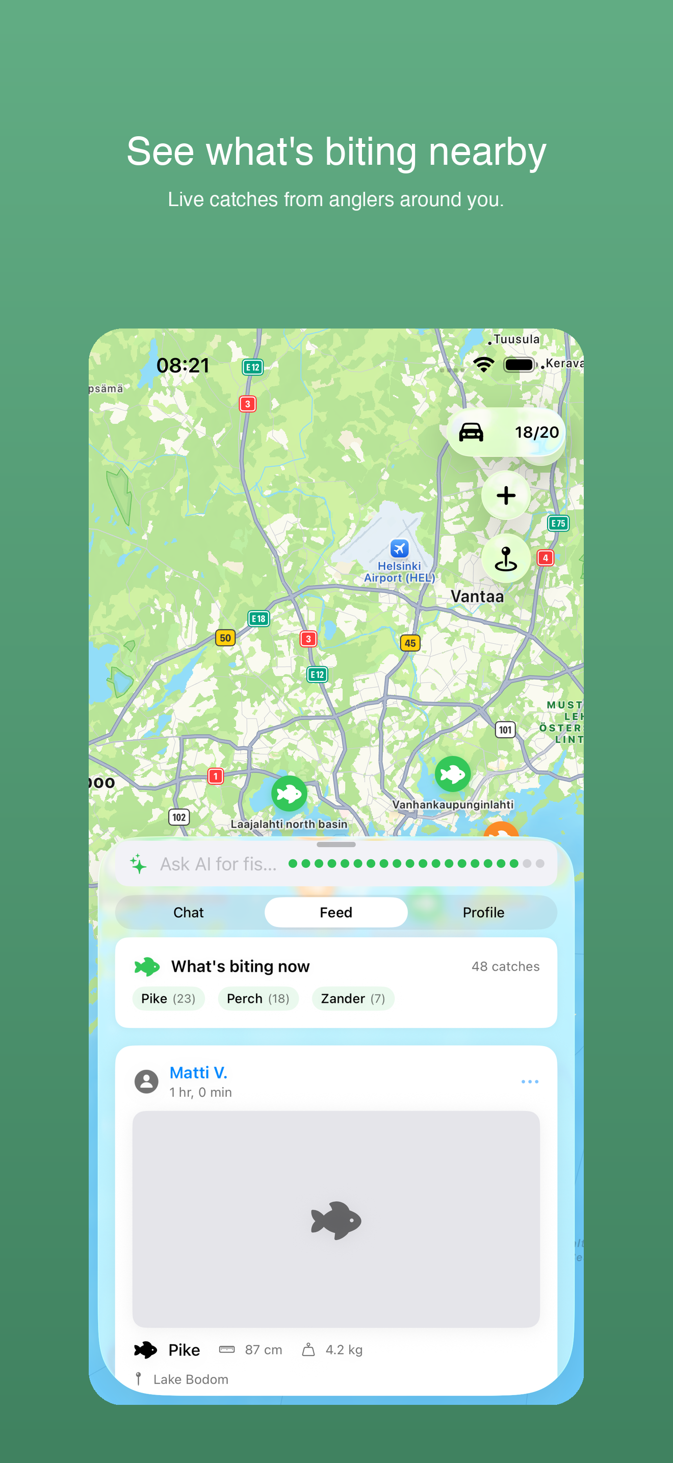 Community feed showing 48 catches with species filters